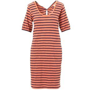 pact Dress Avery Harvest Stripe Navy Blue Orange‎ Organic Cotton Pockets Short S